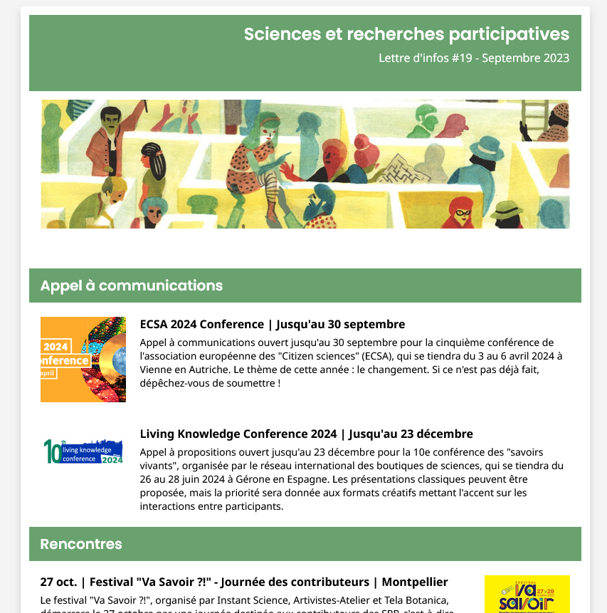 Illustration d'une newsletter Sciences et recherches participatives