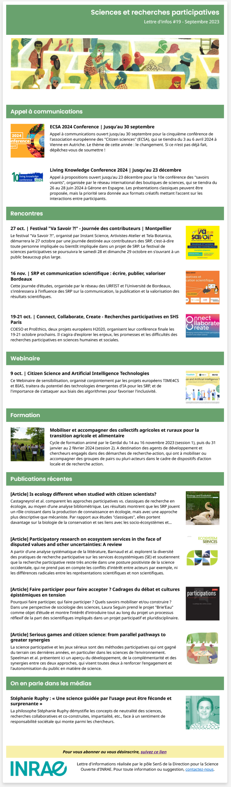 Exemple de la newsletter Sciences et recherches participatives numéro 18