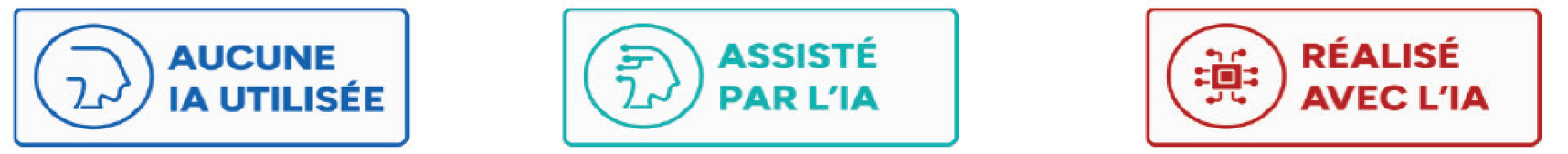 Labels en français : Aucune IA utilisée ; Assisté par l'IA ; Réalisé avec l'IA